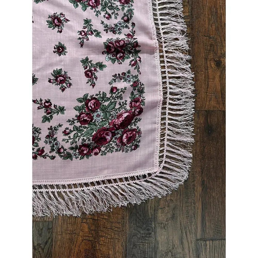 Vintage Kashmir Woole Floral Fringe Scarf - Pink Rose Square Wrap Bohemian Style